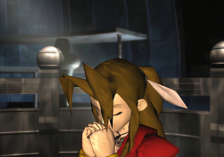 Aerith praying in Cloud's dream in Remake and at the altar in the City of the Ancients in the original game.