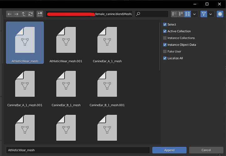 Blender 'Append File' window. Selecting 'Meshes' and 'AthleticWear' next.