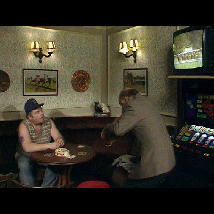 Left: horse racing on the pub telly, with Onslow and Richard present. Right: the same footage, full frame.