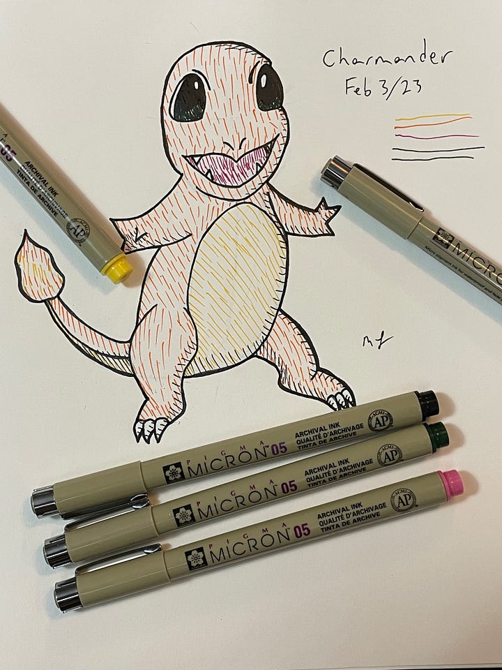 Pokémon Drawings: Charmander and Meowth specifically. 