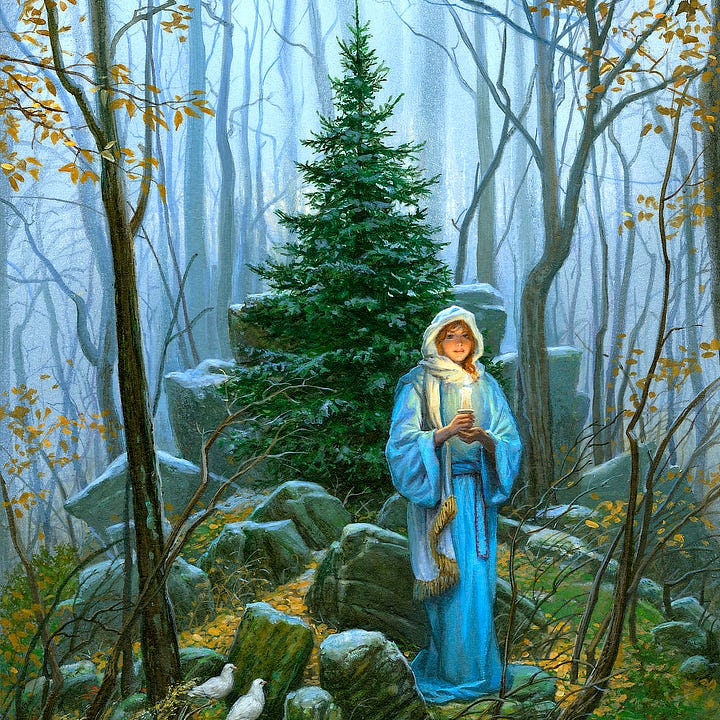 LEFT: Detail from WOODLAND PEACE featuring a woman in pale blue robes standing on a rock strew hill among autumnal colors. RIGHT: Close detail from WOODLAND PEACE featuring a woman in pale blue robes holding a candle at its base and cupping it underneath with her other hand.