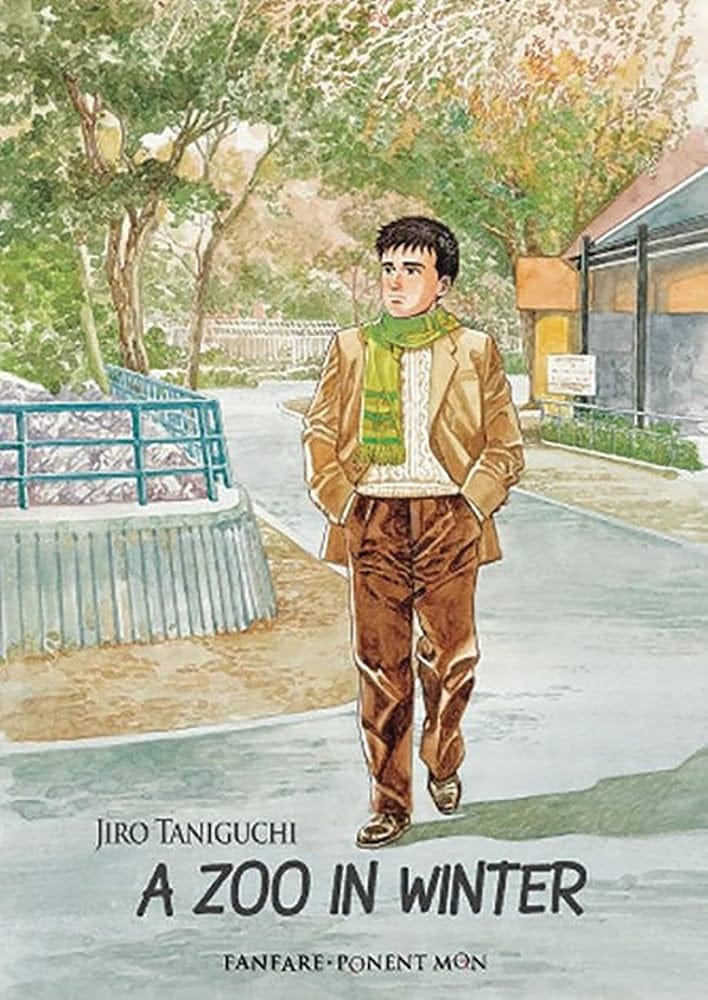 Book covers of "Guardians of the Louvre", "The Ice Wanderer and Other Stories", "A Journal of My Father", "Sky Hawk", and "A Zoo in Winter" by Jiro Taniguchi