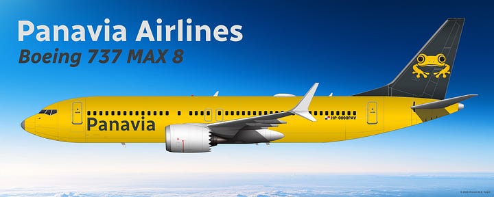 The current Panavia Airlines fleet: 1) Aria T42 Transonic, 2) Aria T102 Transonic, 3) Aria T152 Transonic, 4) Aria T202 Transonic, 5) Boeing 737-700, 6) Boeing 737-800, and 7) Boeing 737 MAX 8 - all shown in side view.