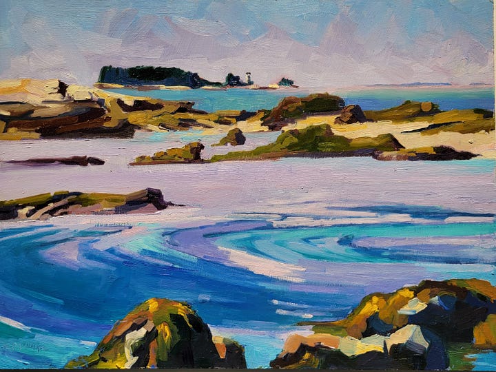 An oil painting of the rocks at Sand Beach and the artist messing up her painting.