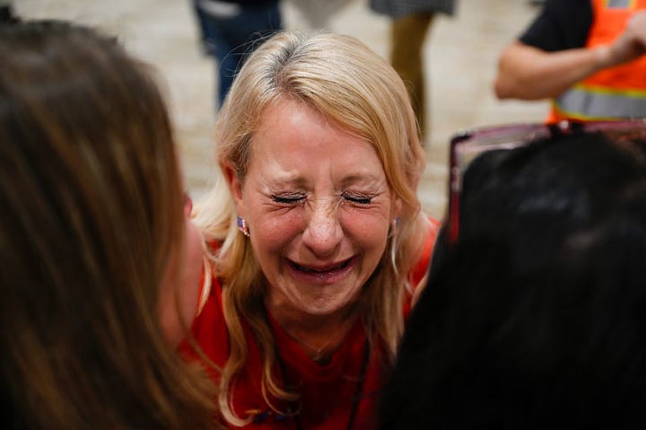 Left: A Republican supporter reacts to election results during a watch party at  The Ingleside Hotel in Pewaukee, Wisconsin. REUTERS/Vincent Alban. Right:  Supporters of Donald Trump celebrate at the Palm Beach County Convention Center  in West Palm Beach, Florida, November 6. REUTERS/Brian Snyder.