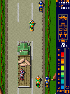 Four screenshots of gameplay from Rally Bike. The first shows what happens when you fail to qualify, with your racer hiding their face in shame. The second shows a successful race, your bonus points, and word of where the next race will take place, as well as art of your bike being worked on to prepare. The third image shows the flatbed truck full of pigs carrying your bike down the crowded street full of other racers. The fourth shows the moment at the finish line when you don't qualify, with a message exclaiming, "Sorry, you failed this rally"
