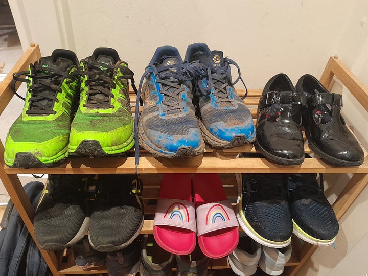 Scenes on the family shoe rack; and Lantern Pike at night in the Peak District.