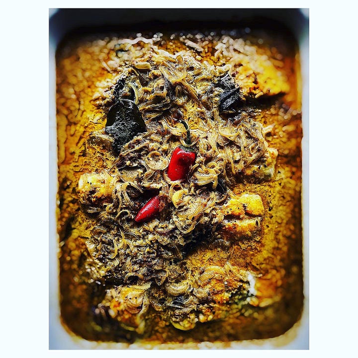 2 images side by side. On the left is a Fish Curry made with the Peanut & Sesame Masala Sauce on the left a vegetable version of the same dish. Both are rich golden brown in colour and show rectangular dishes holding each curry.