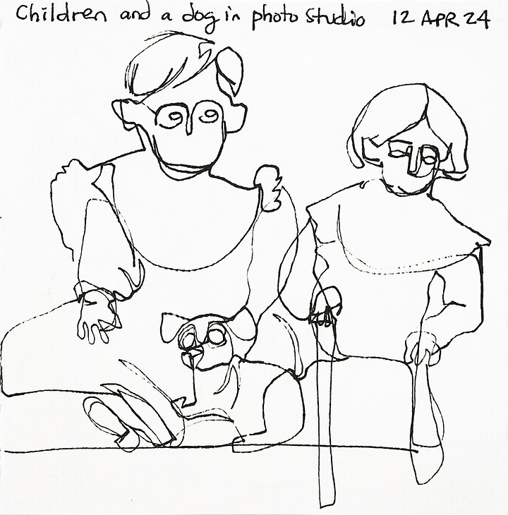 Flour more contour line drawings made from the same antique studio portrait of two young children and their dog.