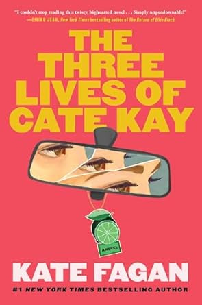 Kate Fagan with short blonde hair sitting casually on the ground. Her book cover for The Three Lives of Cate Kay - red with three shattered images of a woman in a rear view mirror