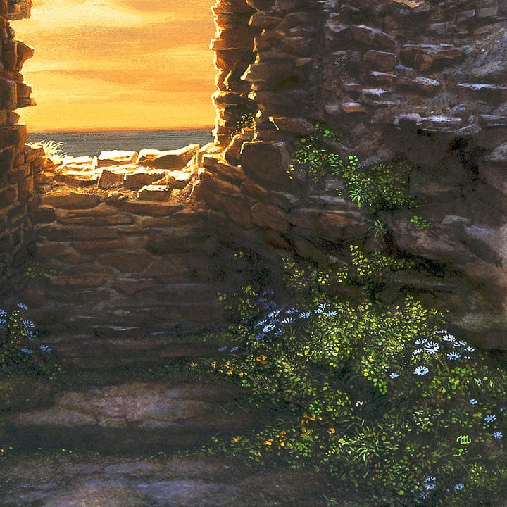 LEFT: Detail from WINDOW TO THE SUN featuring a transparent orb containing a solitary flame floating out of a stone passageway to sky saturated with golden light. The edge of the water can be seen below. Wildflowers grow on the ground and through cracks in the wall. Time has worn the uneven stones so the edges are rounded and in places melding into a single mass. RIGHT: Close detail from WINDOW TO THE SUN featuring wildflowers growing in the ruins. A break in the wall is oversaturated with golden light. A stairs lead to an opening in the wall. Their immediate edge is bright white with the direct sun. On the closer side of the wall, indirect light is creating interesting effects, making the heads of daisies look pale blue in patches. The walls are so old, the edges of the stones are rounded where they jut out.