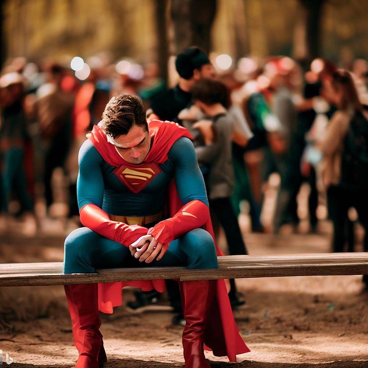 Bu görseller için yazdığım metin: "A sad superhero, sitting on a wooden bench in a crowded park." (Bank ile kalça ve ayakların ilişkisi biraz zorlayıcı olmuş belli ki.)