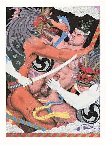 1) There is an Asian man in the center of the image, who is being double penetrated, by two other men-like beings. There is a dick coming from the top right that is spraying into his mouth. There is a green man with horns and pink hair who is fucking the main character from the front. The man behind him is white, with short blue hair, and horns. The man being fucked is bound in rope, and there are candles and other spiritual motifs surrounding them. 2) There is a muscular Asian man in the center who is being penetrated by another man with a lion head. There is another partially-drawn lion-man on his right side as well, and an arm coming through the left side with a sword. There are ropes and other spiritual symbols throughout the piece.