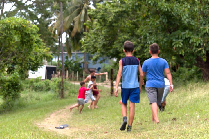Fotos de niños jugándo al fútbol en un terrneo rodeado de árboles.