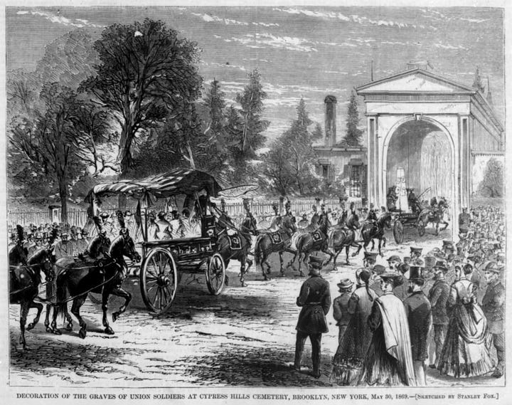 Images are two etchings depicting scenes at Cypress Hills Cemetery. One shows people decorating graves, which are placed on a sloping valley surrounded by trees. The other shows the horse-drawn procession arriving at the cemetery arch-type gate while a crowd watches.
