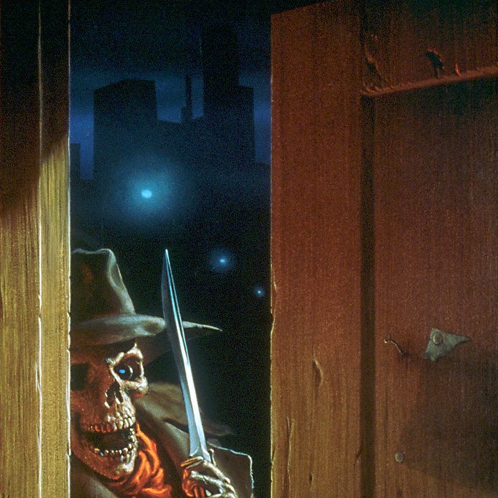 LEFT: Detail from SMILER featuring a skeletal intruder in brown overcoat brandishing a knife as it slowly pushes open a wooden door to peer inside. RIGHT: Background detail from SMILER featuring the city at night through the doorway.