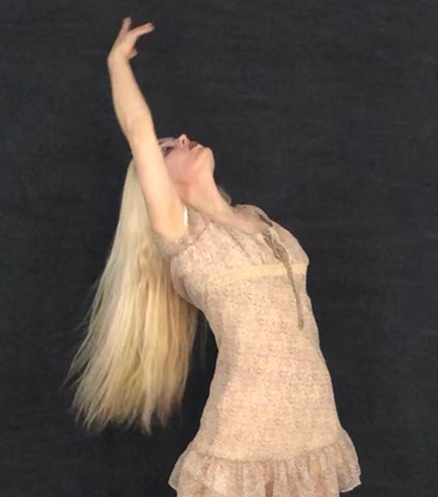 The author in a dance shot with a thick curtain of blonde hair, compared to the scraggly, patchy length that is left.