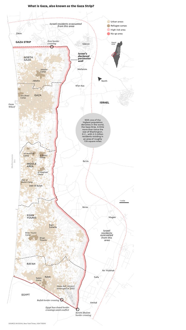 4 GENERAL MAPS OF ISRAEL & GAZA. Clockwise from top left: Israel region by Axios/Will Chase, terrain model from CIA National Technical Information Service 1994, Gaza satellite overview by visualcapitalist.com, Gaza territory overview by USA Today & NY Times