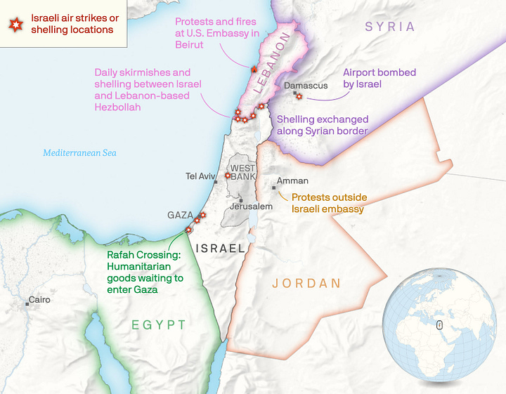 4 GENERAL MAPS OF ISRAEL & GAZA. Clockwise from top left: Israel region by Axios/Will Chase, terrain model from CIA National Technical Information Service 1994, Gaza satellite overview by visualcapitalist.com, Gaza territory overview by USA Today & NY Times