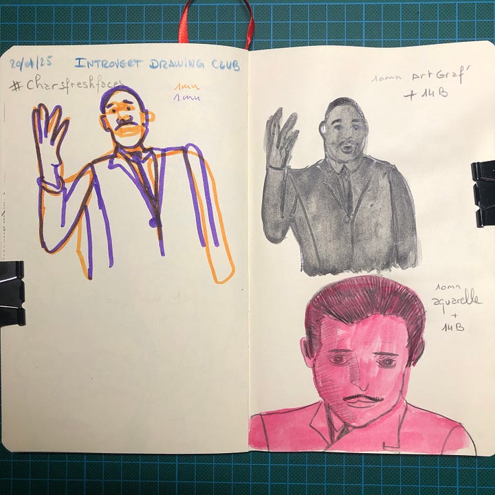 Photos des doubles-pages de mon sketchbook où l’ont voit les portraits peints durant la session. Les matériaux utilisés et les temps consacrés à chaque dessin sont indiqués à côté de chaque portrait.
