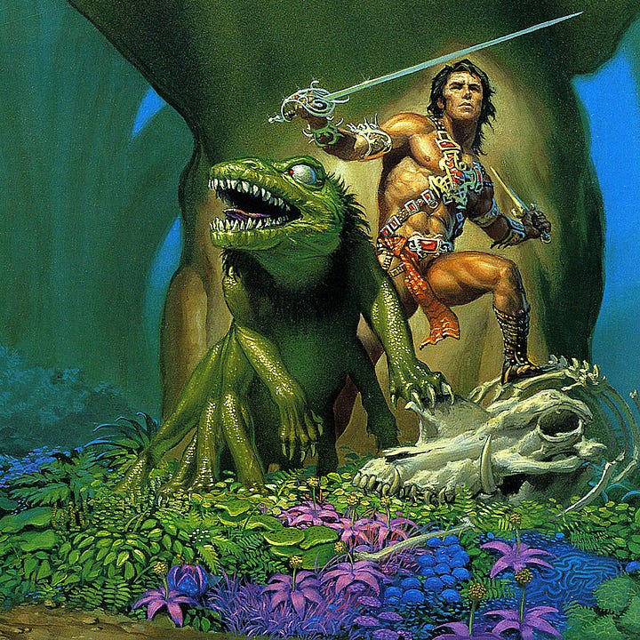 LEFT: Detail from THE WARLORD OF MARS featuring John Carter striking a heroic pose with rapier in one hand and long dagger drawn back to strike in the other. He wears only a draping loin cloth. the orange fabric patterned in gold swaying with his motion, and a crossed harness over his chest. He plants a richly jeweled boot on the bleached skull of a tusked creature. Woola stands loyally at his side. RIGHT: Close detail from THE WARLORD OF MARS featuring a Barsoomian insect with overly large eyes like a fly. Surrounded by two antennae feelers, its mandible extends like a tongue, serving as a short runway leading up to its tiny open maw. All six legs are bent with short claws ready to capture as it hovers over a forest path on dragonfly wings. Its tail is clubbed like a scorpion with multiple barbs on the tip and sides.