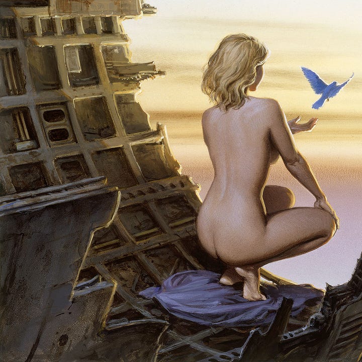 LEFT: Detail of the lower left of BLUEBIRD focusing on the decaying concrete structure that rounded forms a tunnel opening to placid skies. A woman with shoulder length blonde hair squats with knees out to release a bluebird. Her skin is bare to the sun as her clothes lay in a pile beneath her. RIGHT: Detail of the lower right of BLUEBIRD focusing on the perspective of placid skies from behind a blonde woman who releases a bluebird. Her skin is bare to the sun as her clothes lay in a pile beneath her.