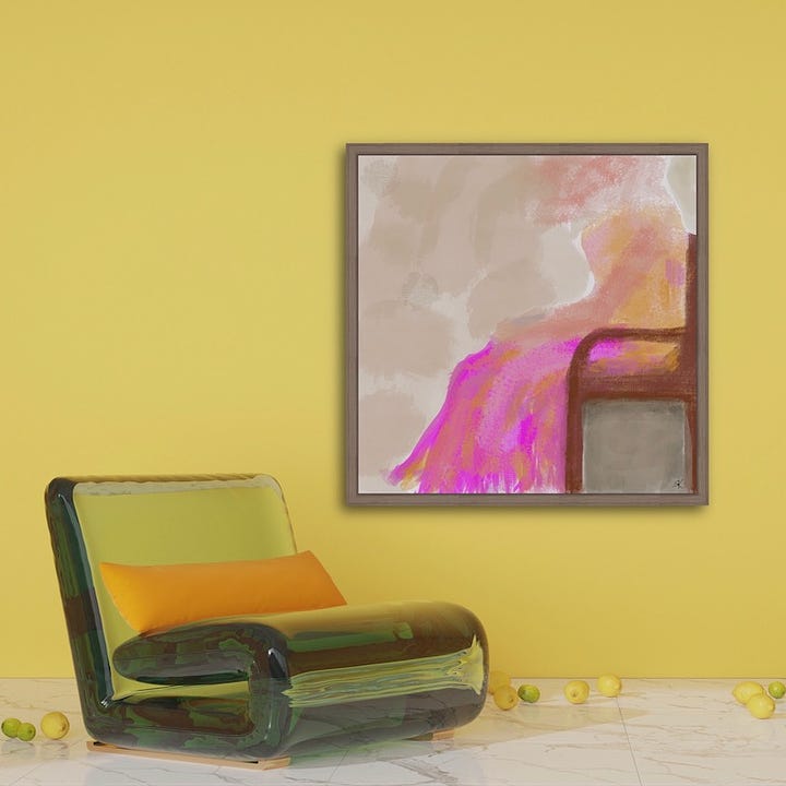 Abstract painting by Sherry Killam Arts depicting a woman with a long pink dress sitting in a wooden chair in a waiting room; next to it, the painting framed and hanging on a yellow wall above a modern transluscent plastic chair. plastic chair.
