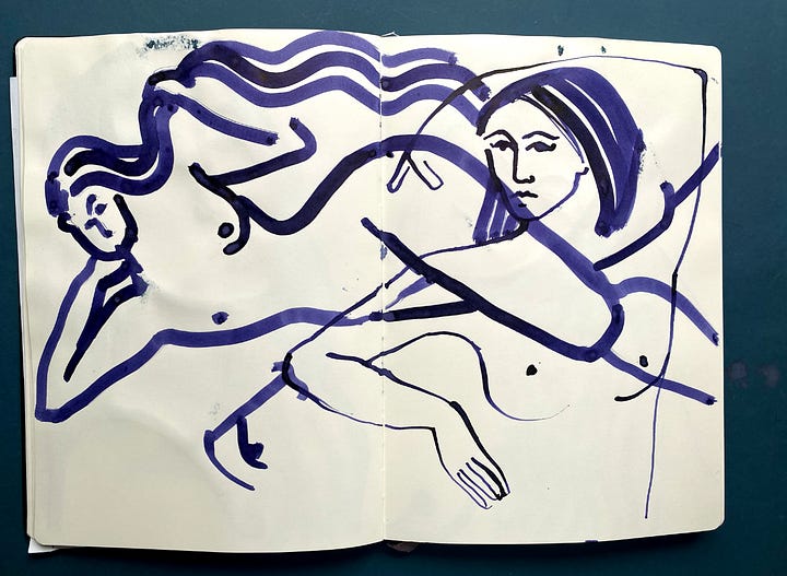 Images of female figure and portrait drawn in blue ink in open sketch book pages