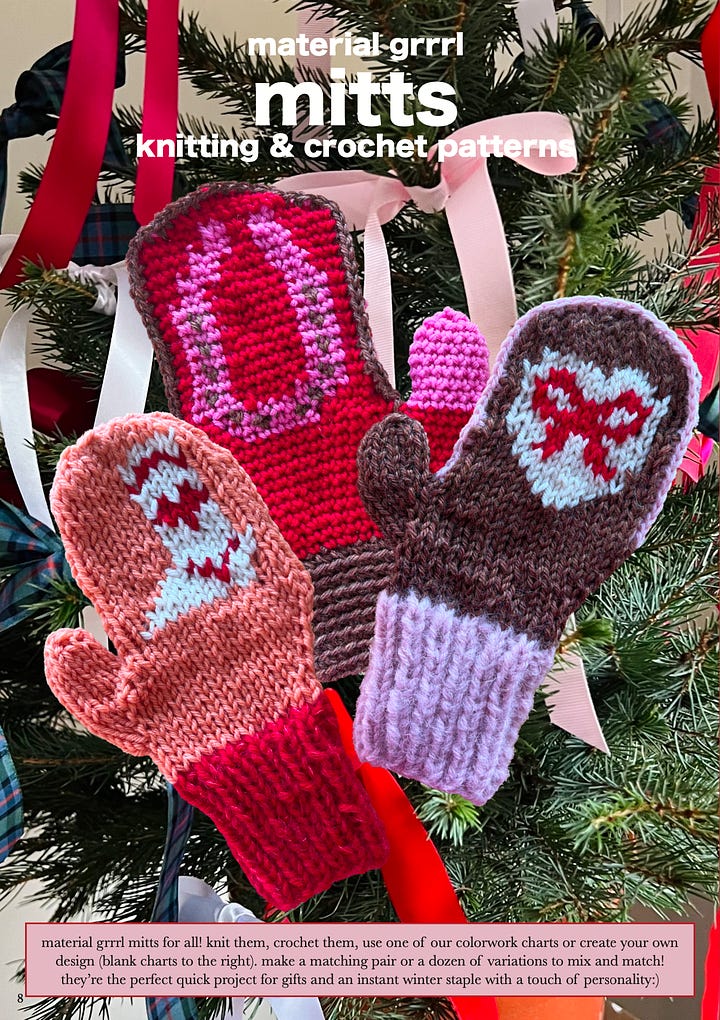 Pictures of this issue's table of contents and the free mitten knitting & crochet pattern