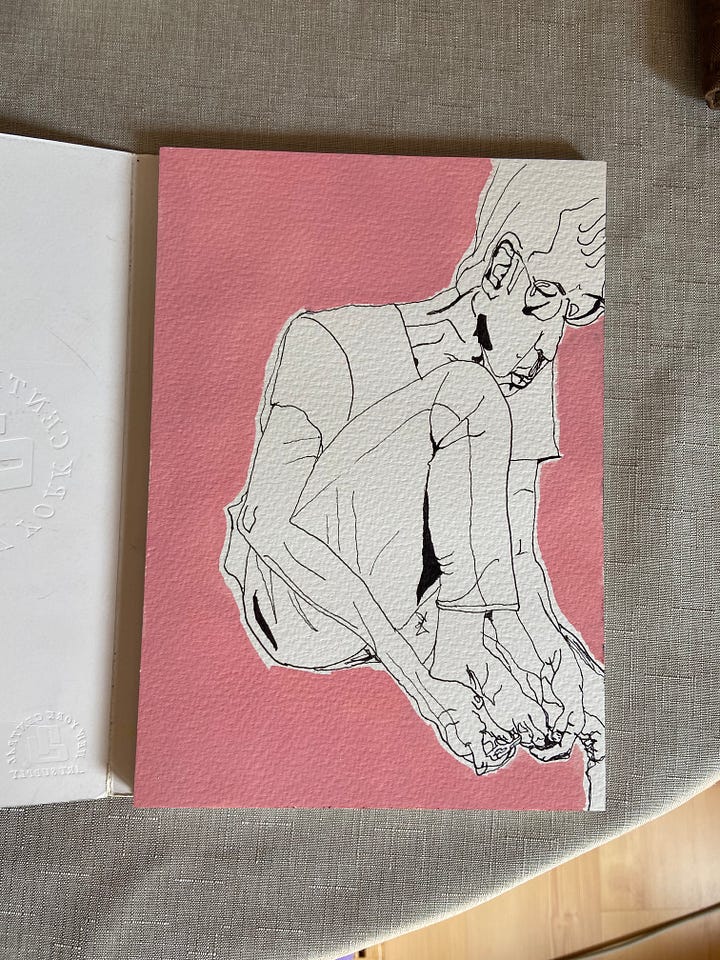 pen drawing of man clipping his toenails with a pink border