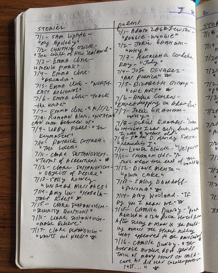 Hand-written lists of stories and poems read