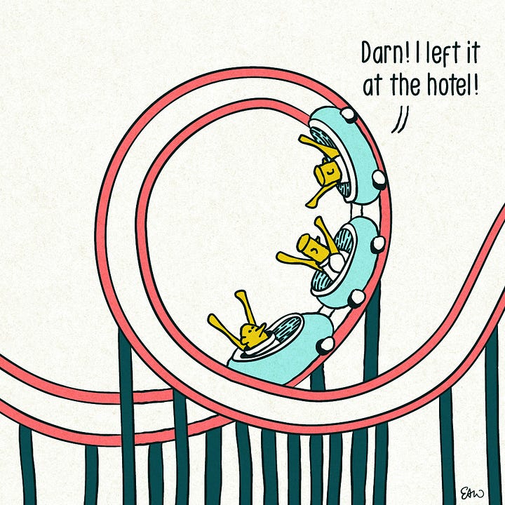 Three friends are riding a roller coaster. As they progress through the ride across the four panels of this web comic, their dialog reads, "Did you bring our map?" Then another responds, "Darn, I left it at the hotel." Then someone asks, "Why does it matter?" And as the roller coaster speeds past the station where people board the cars, the first person in the conversation says, "Well, I think missed our stop again."