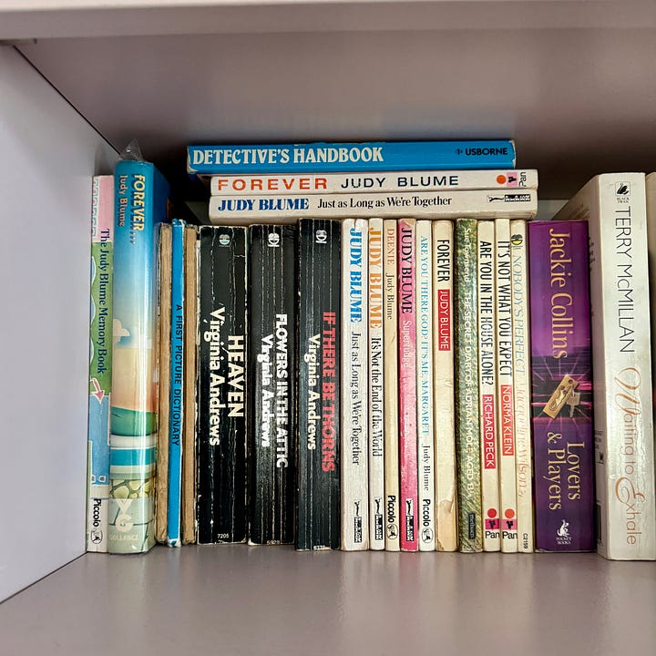 Some of Natalie Lue's collection of books she read in her teens, including vintage Judy Blume, Virginia Andrews, Sweet Valley High, and Nancy Drew