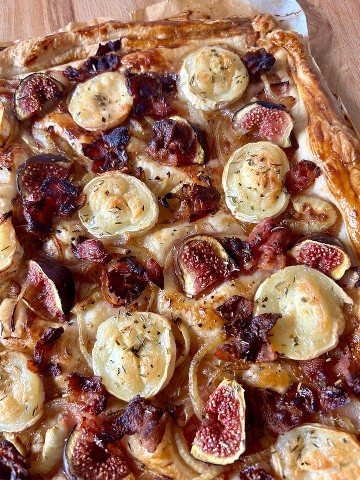 A French fig tart with goat cheese is shown just out of the oven