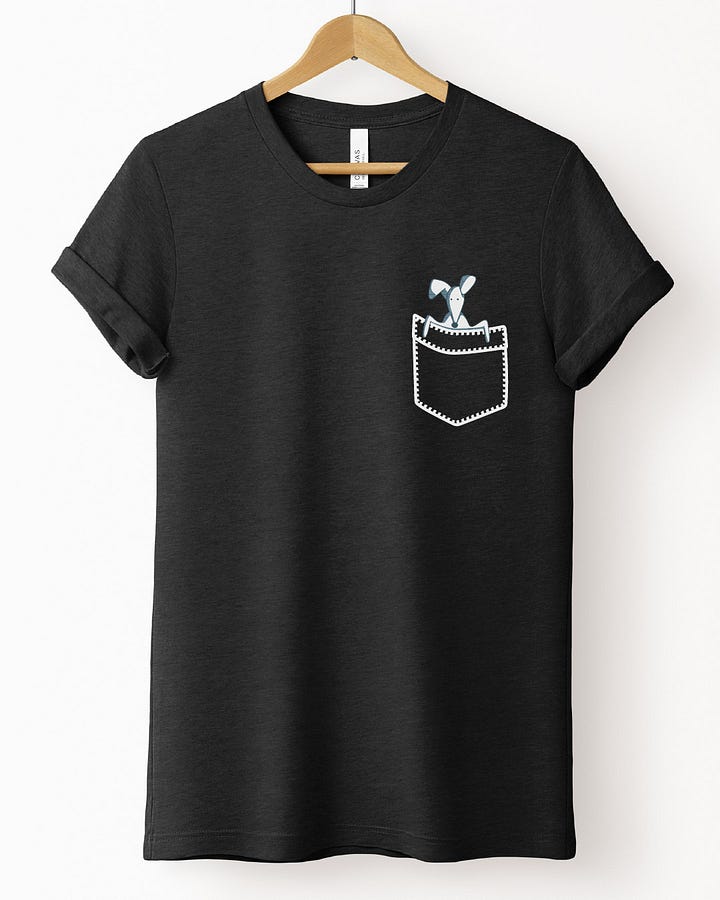 Mockups of an original t-shirt design featuring a human character or a puppy nested in side the illustration of a fake pocket printed on the left chest area.