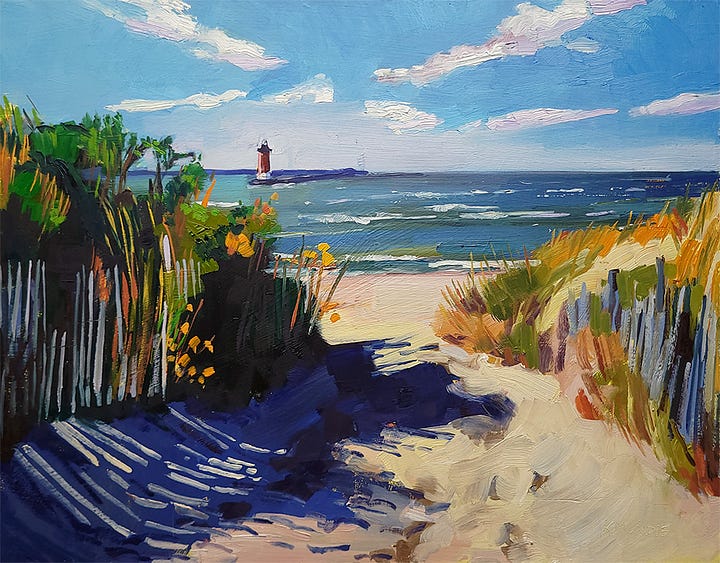 two still life paintings of flowers and two Delaware landscapes by Kate Kern Mundie