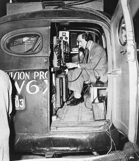 Kathy Fiscus and KTLA-TV founder Klaus Landsberg in an early TV live truck.