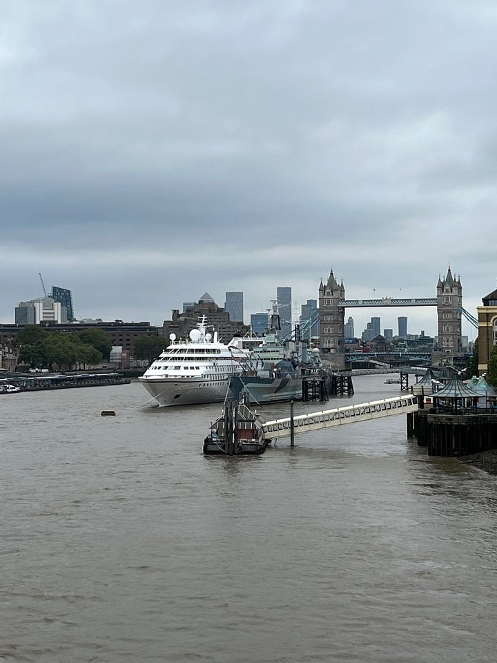 Four images of the Windstar Legend cruise yacht including one on the ocean, one on the deck and swimming pool and two with London's Tower Bridge in the background