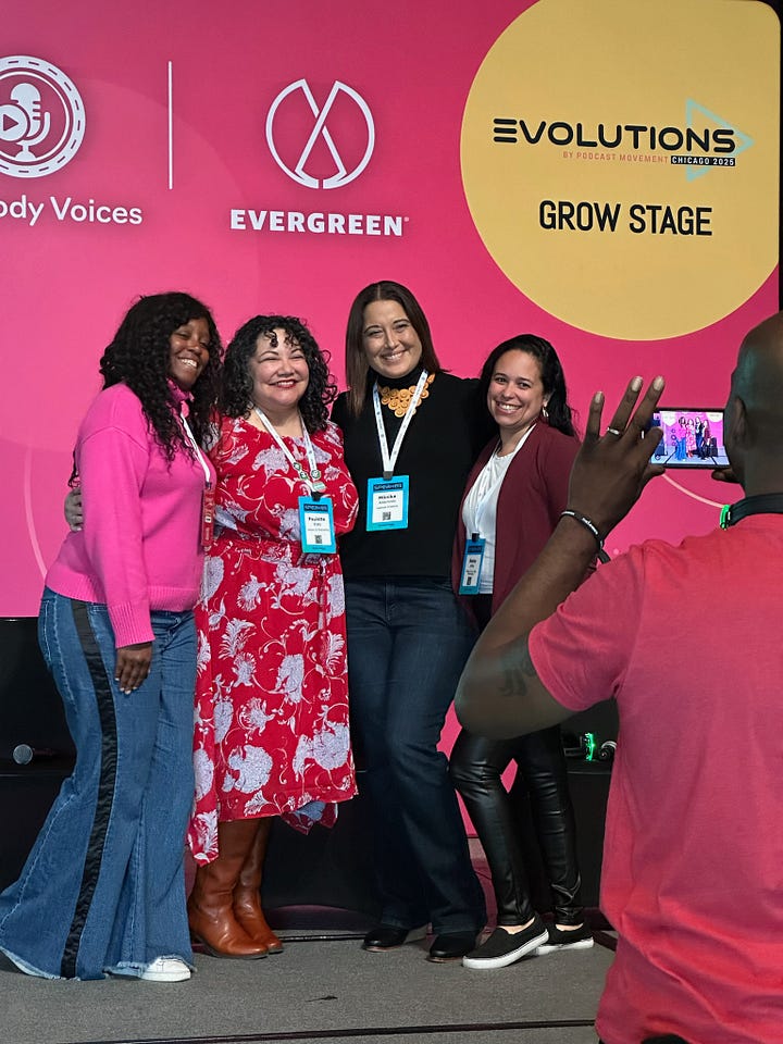 Picture one: 4 women of color standing on a conference stage posing for a picture. Second picture: a slide on screen featuring the 4 speakers under the words Rooted in Community.