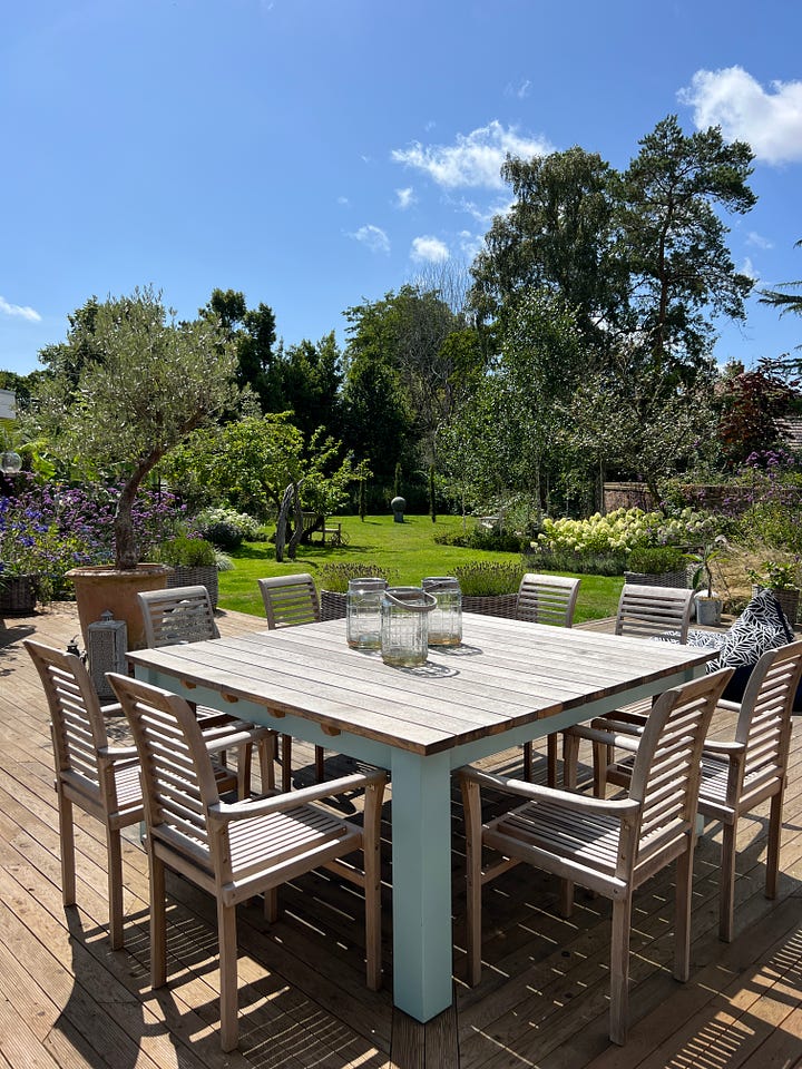 Semi detached Victorian house and garden. Square outdoor dining table