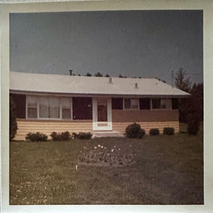 LEFT: CB as a small girl on her swing. RIGHT: her childhood home