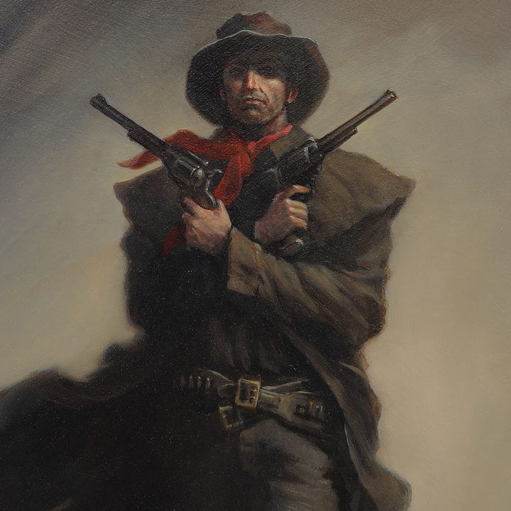 LEFT: Detail from ROLAND X featuring the gunslinger striding through a graveyard with his arms crossed in front of him in an X. RIGHT:  CLOSE DETAIL from ROLAND X featuring the gunslinger with a red kerchief standing out against his leather duster. The gun belts at his waist echoed his crossed arms in an X as he holds his big revolvers against his chest.