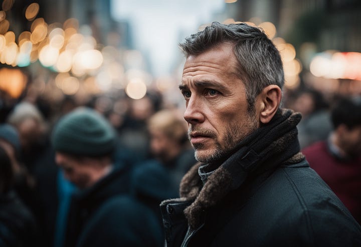 Street photo of a man in a crowd, by SDXL 1.0 and MJ 5.2