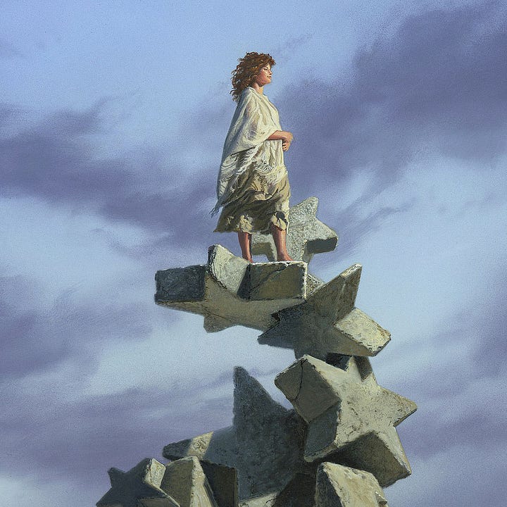 LEFT: Detail of DREAMSEEKER featuring a woman in white shawl standing on top of an uneven stack of concrete stars. She’s facing right as the light of sun hits her. Her tan skirt reaches her calves, and it’s clear that she is barefoot even though we can’t see  past her ankle at a low angle view. RIGHT: Detail of DREAMSEEKER focusing on the tidal island surrounded by water. Concrete stars form an uneven stack in the sand, intersecting each other and the ground chaotically. Light reflects off placid water. The sky on the horizon is a gradient of yellow-orange to green that gives way to a layer of clouds that are darker blue than the sky.