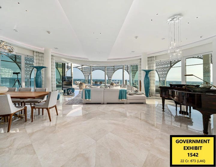 Four photos of the luxury apartment in The Bahamas, which is by all appearances enormous. It has marble floors, incredible views, a large outdoor space with a pool overlooking the city, an indoor/outdoor room with a blue tiled hot tub, and a media room with purple walls and carpet and purple lighting overhead.