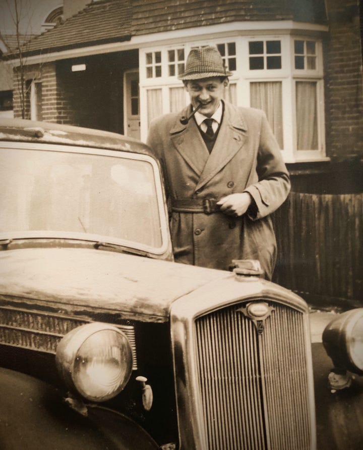 1. A black and white image of the author's father, Dr. Ken Warden, standing next to his car. He is wearing a hat and raincoat and has a pipe in his mouth. father.  2. A colour photo of the author as a child with her two sisters. The girls are sitting on a carpeted staircase at home.