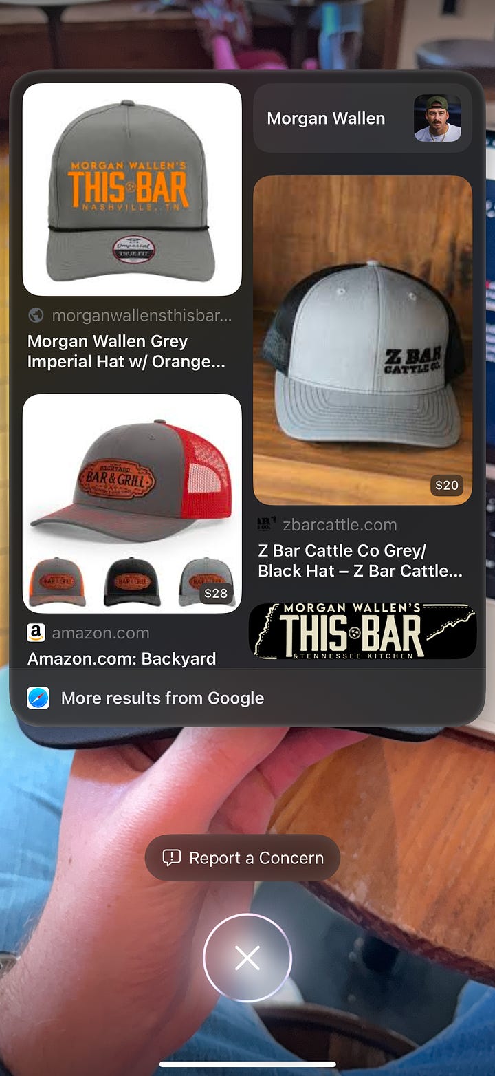 iOS 18.2 Visual Intelligence with Morgan Wallen This Bar hat