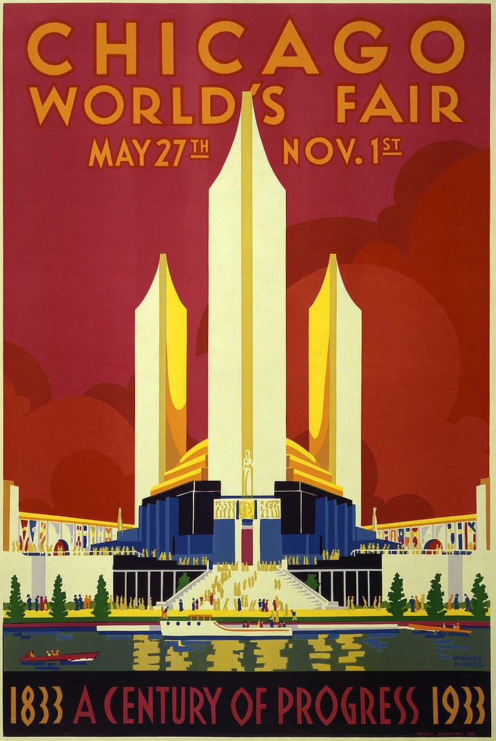 LEFT: The Fisher Building in Detroit, Michigan. RIGHT: Poster for Chicago World's Fair, 1933.