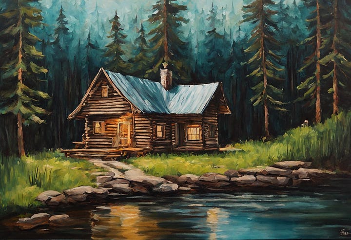 Cabin in the woods, acrylic paint by SDXL and Midjourney