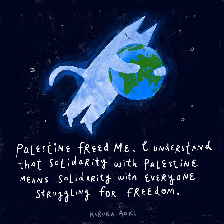 a gallery of colorful illustrated cat graphics expressing solidarity with Palestine